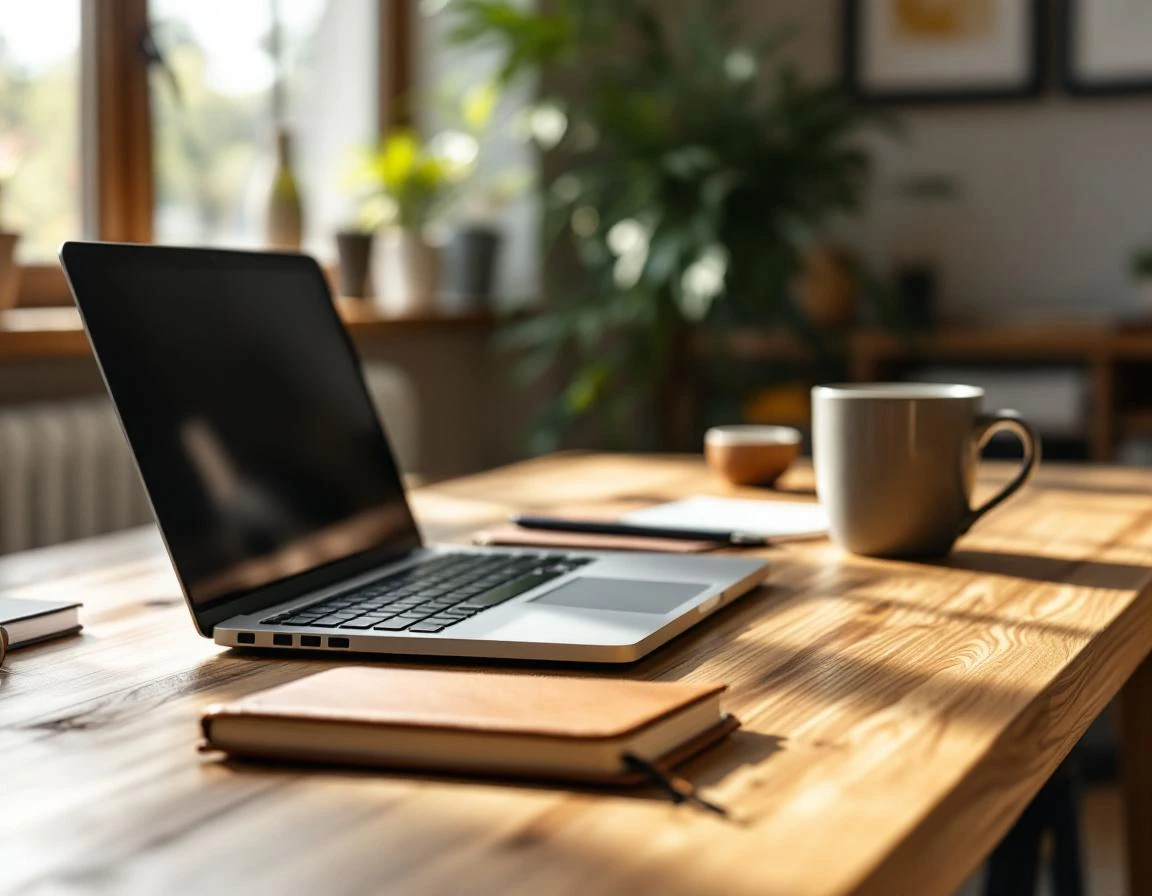Professional workspace with journal and coffee mug in natural morning light showing authentic business environment