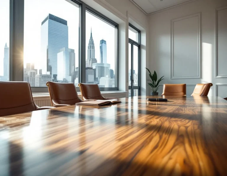 Professional conference room with leather chairs and walnut table overlooking Manhattan skyline