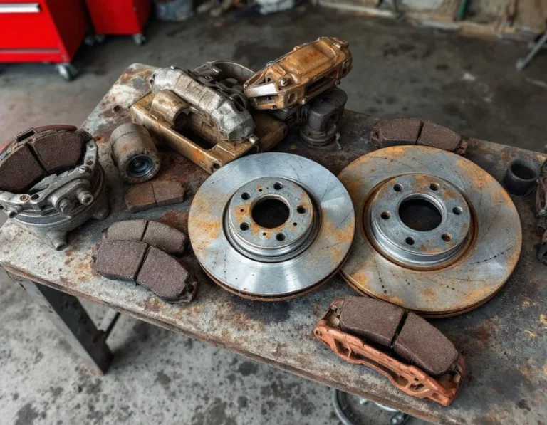 Brake rotors and pads with authentic wear on independent shop workbench under fluorescent lighting