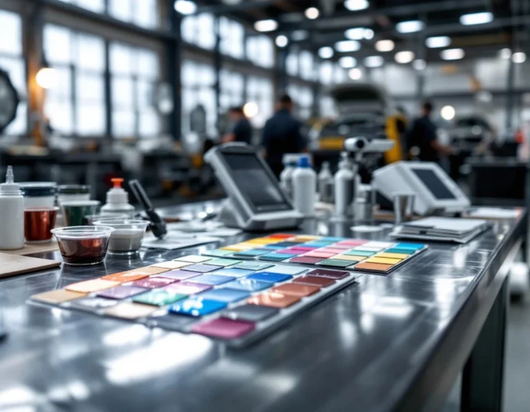 Paint color swatches and quality control samples on auto shop workbench with measurement tools