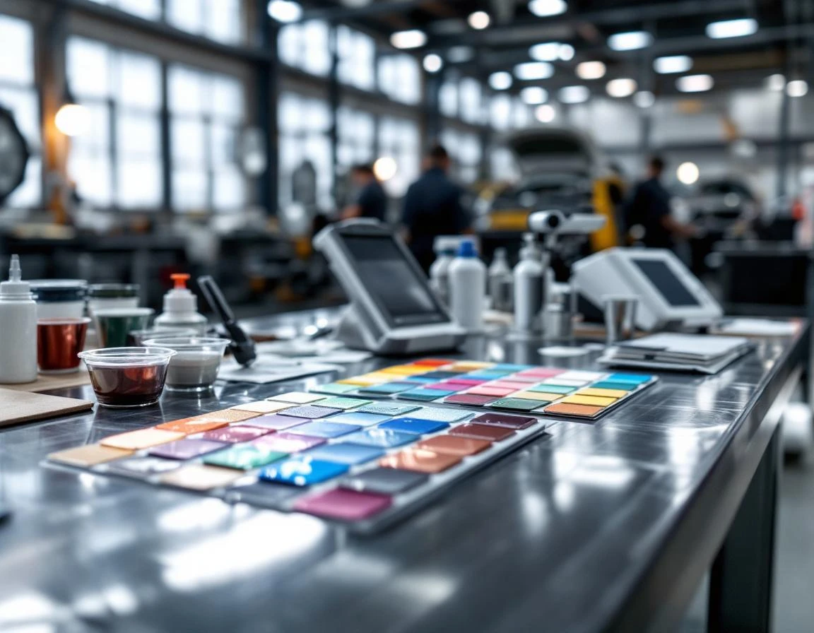 Paint color swatches and quality control samples on auto shop workbench with measurement tools