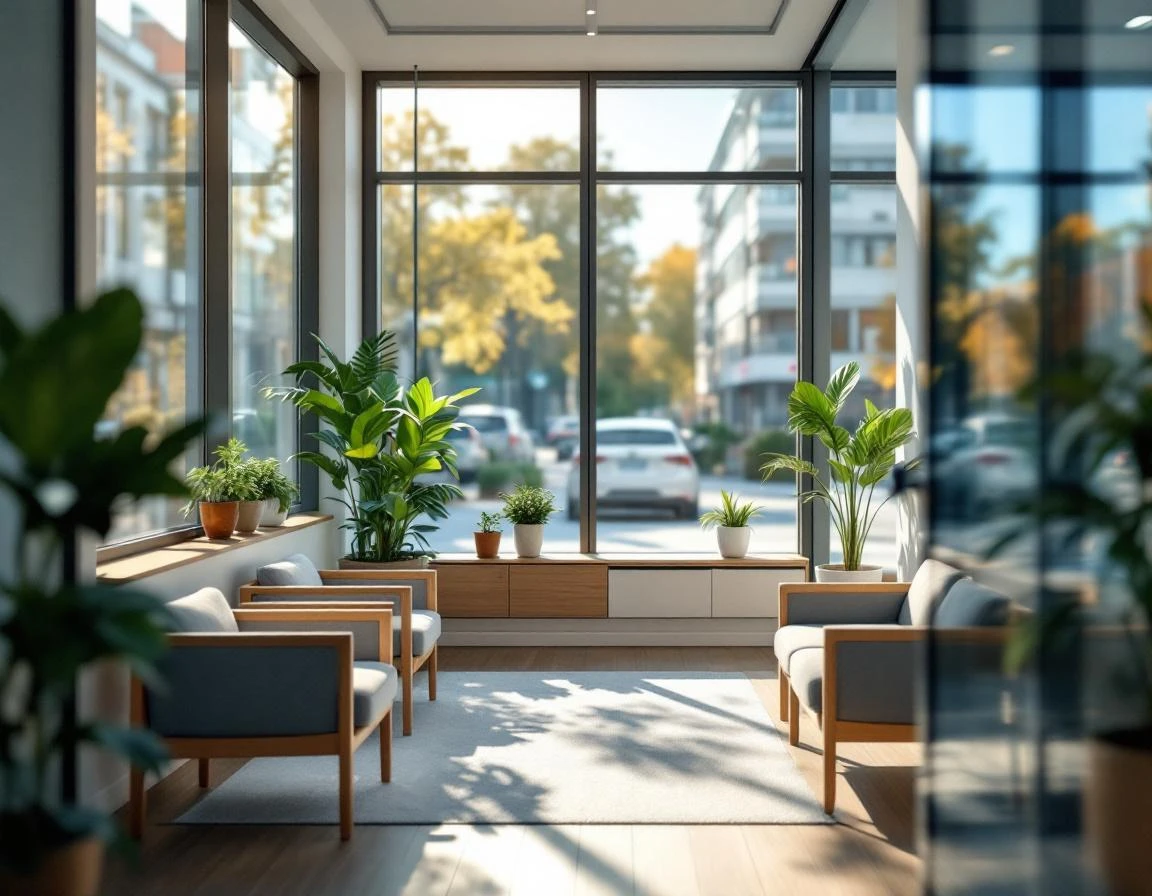 Modern dental practice reception area with natural lighting and contemporary healthcare design elements