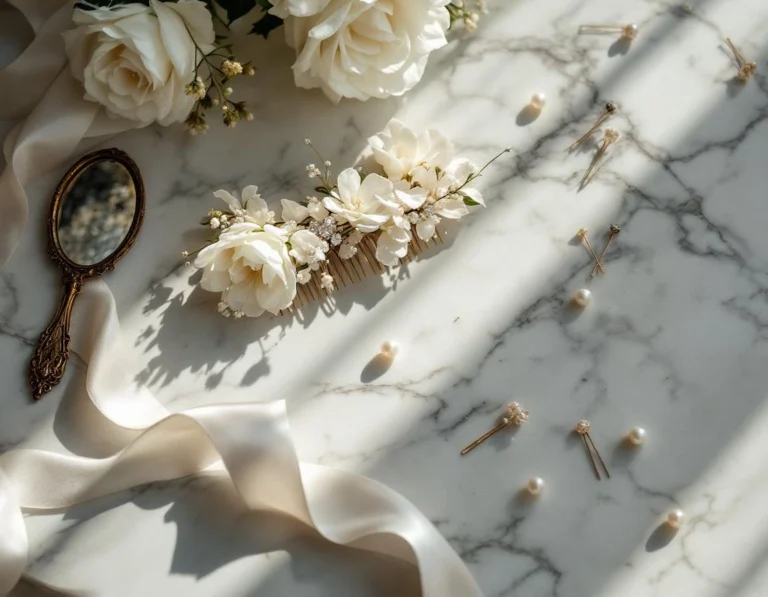 Bridal hair accessories and fresh roses arranged on marble vanity with natural window lighting