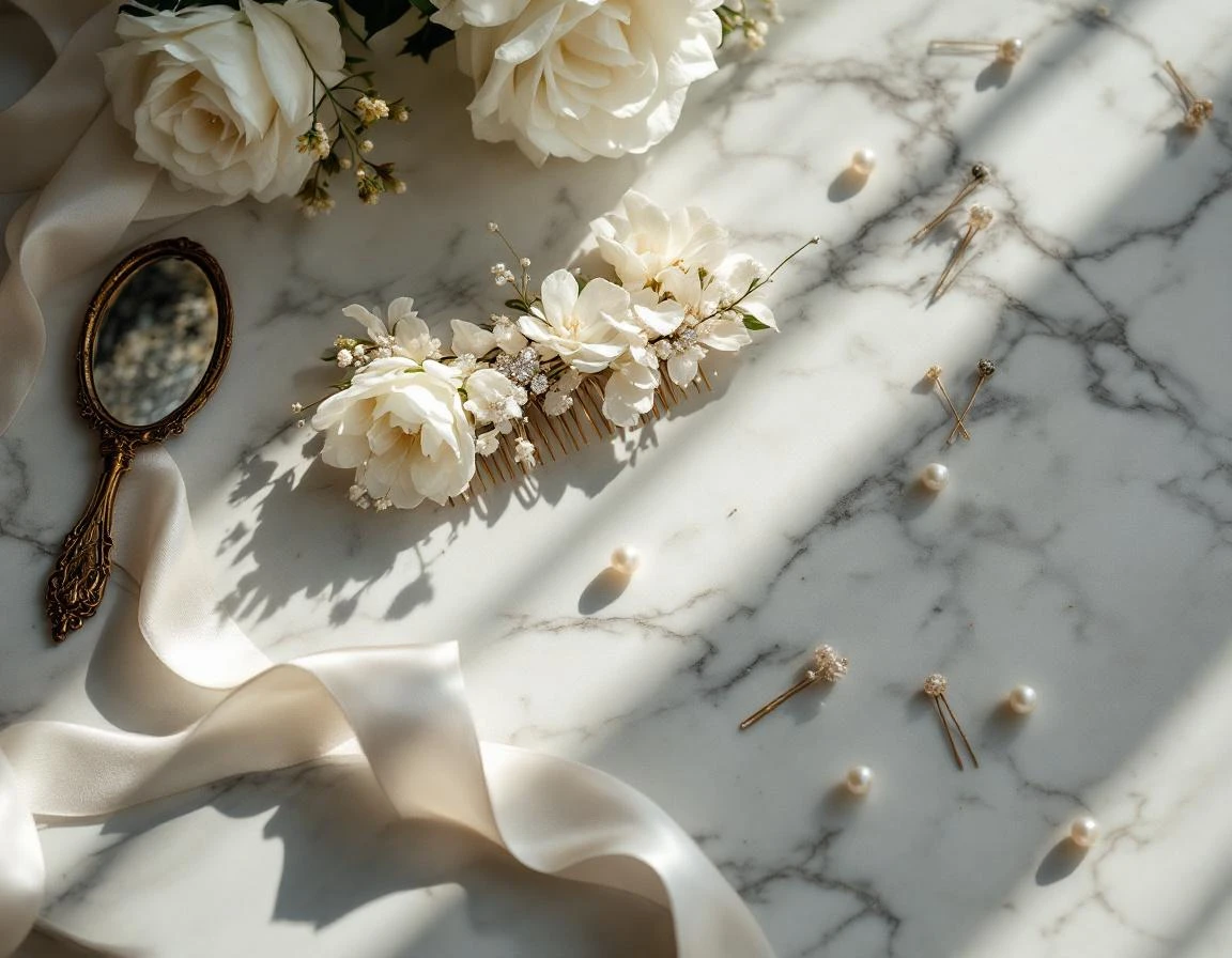 Bridal hair accessories and fresh roses arranged on marble vanity with natural window lighting