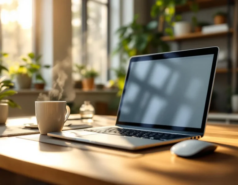 Modern laptop workspace with morning sunlight showing professional digital marketing environment