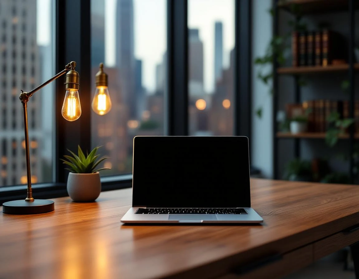 Minimalist law office desk with closed laptop and reference books in natural afternoon light