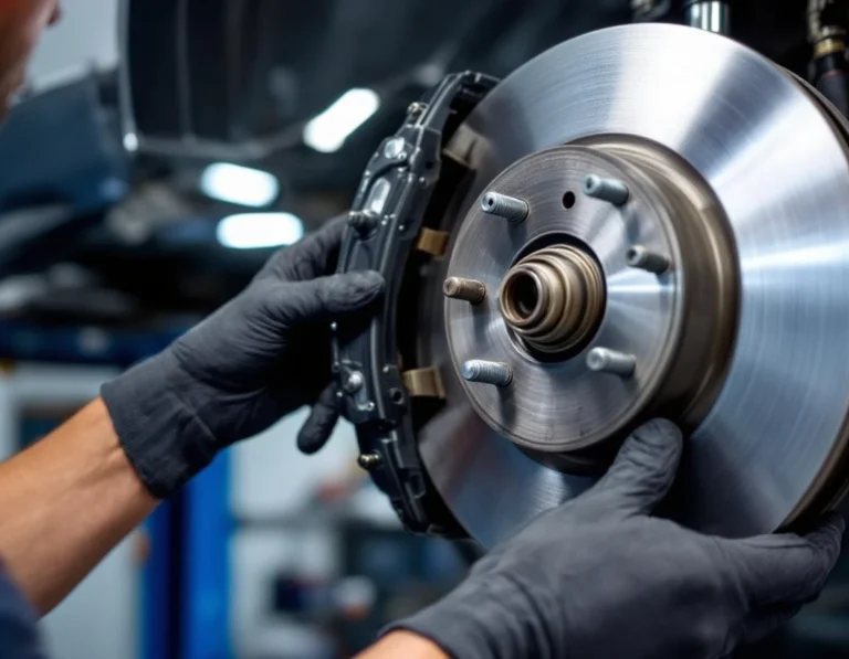 Mechanic's hands inspecting brake caliper and rotor assembly during professional diagnostic inspection