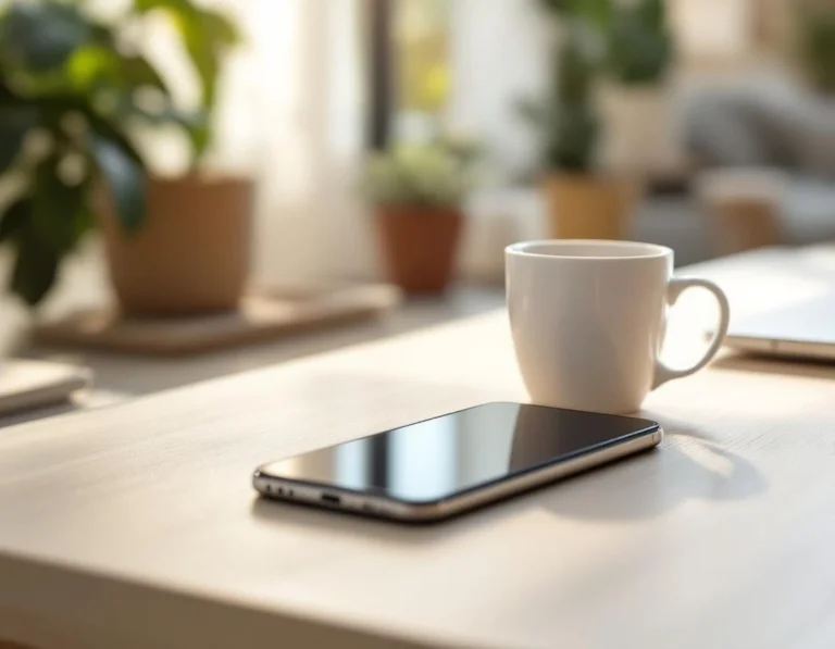 Smartphone on desk workspace with blurred screen and coffee cup in natural lighting