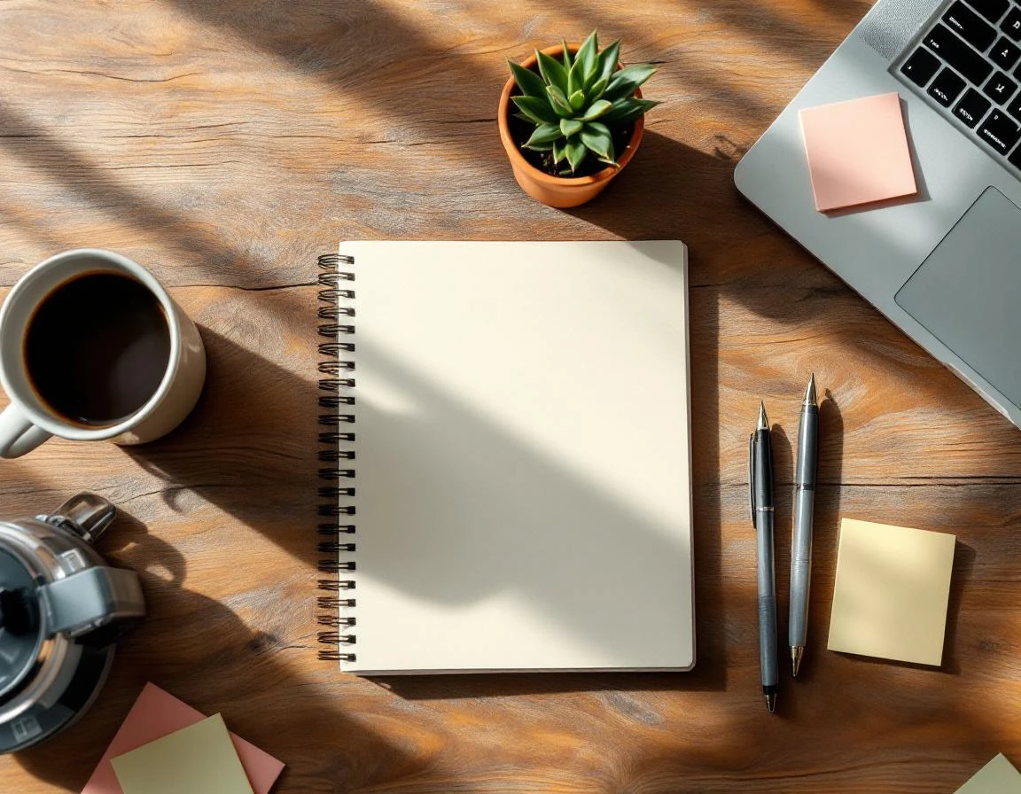 Workspace flatlay with blank notebook, coffee, and office supplies on wooden desk with natural morning light