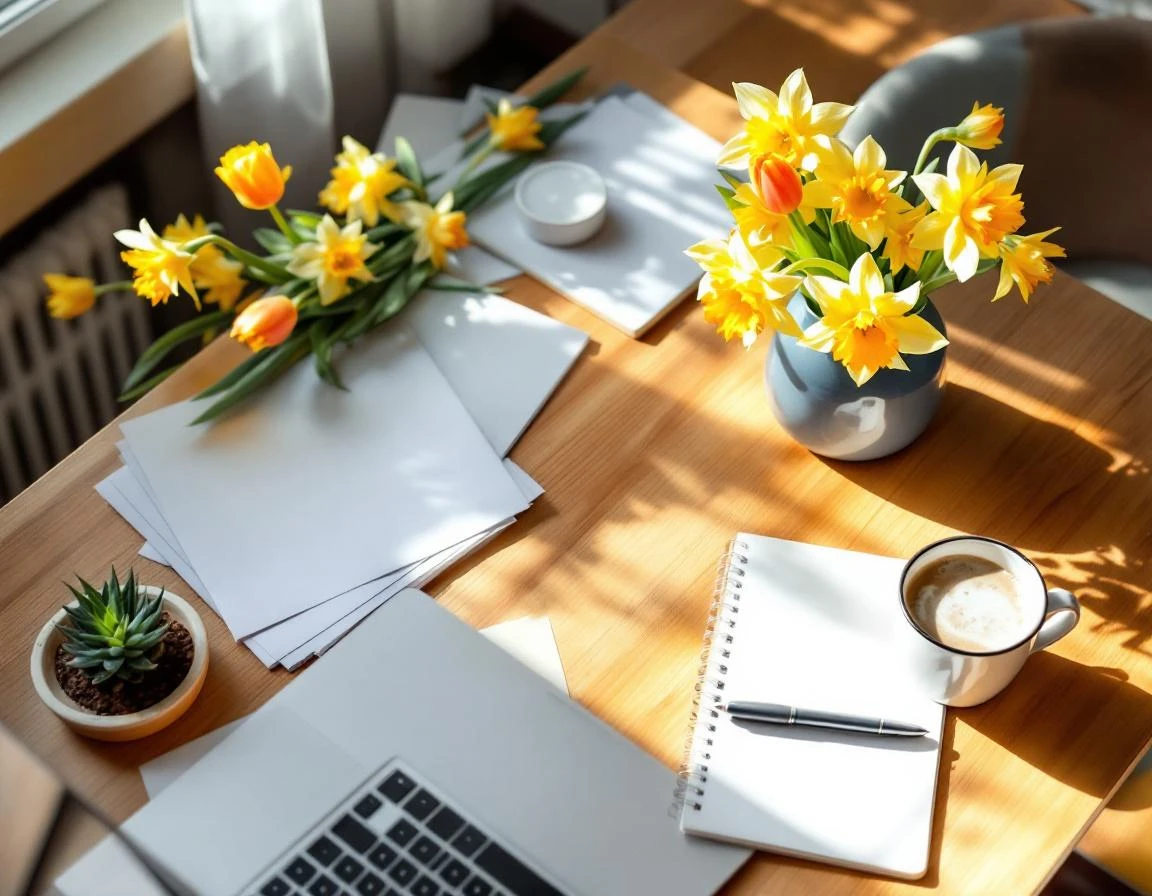 Overhead view of spring workspace with flowers, coffee, and closed documents for seasonal content planning