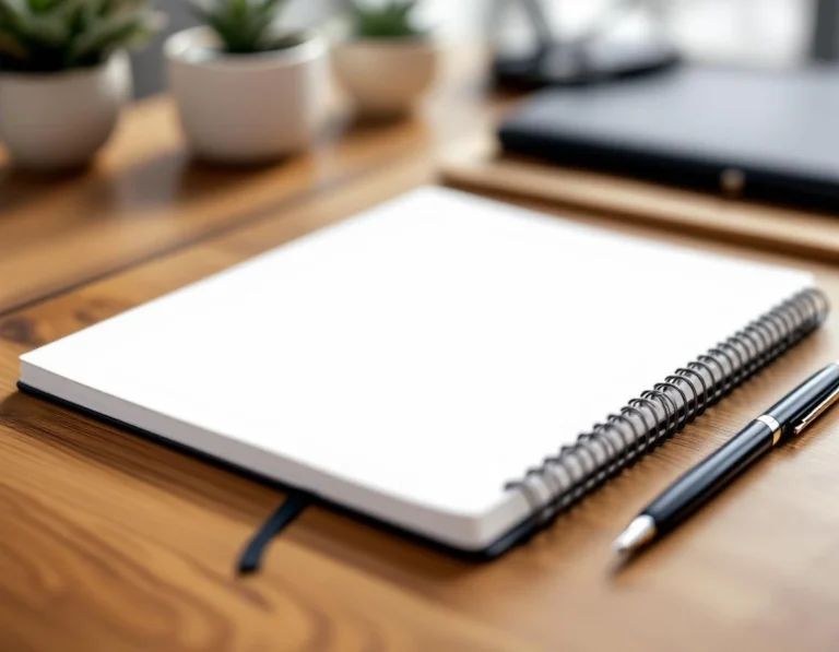 Blank notebook on wooden desk with natural lighting and blurred office accessories in background