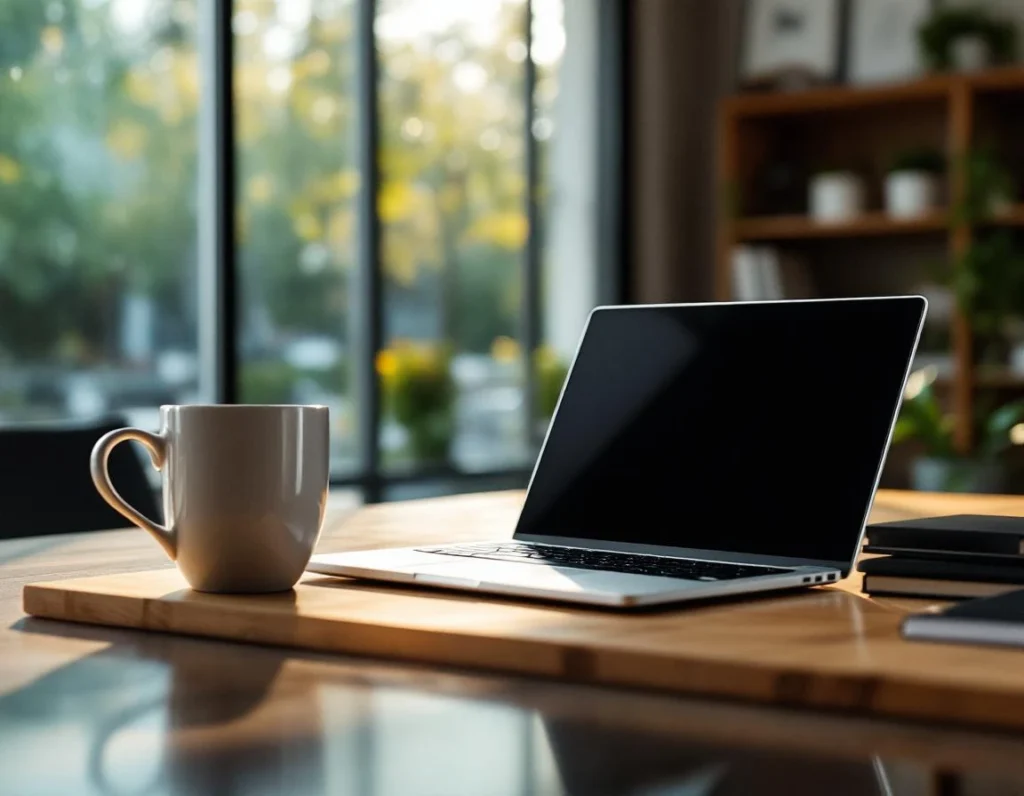 Closed laptop and coffee mug on wooden desk in naturally lit professional office workspace