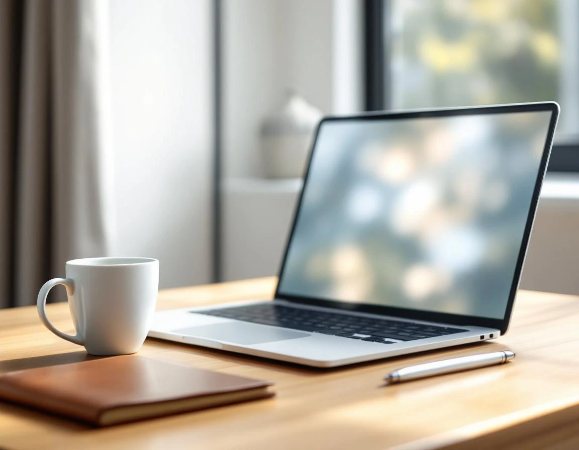 Laptop workspace with coffee cup showing business strategy planning environment without visible screen content