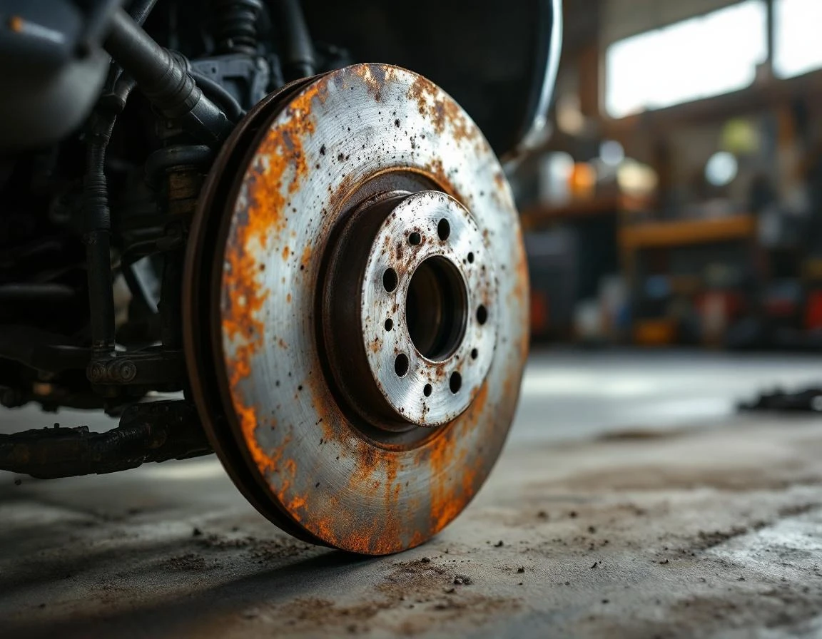 Scored brake rotor surface showing wear patterns and heat discoloration during professional inspection