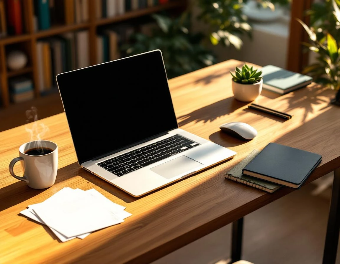 Home office desk with powered-off laptop, coffee mug, and workspace essentials in natural morning light