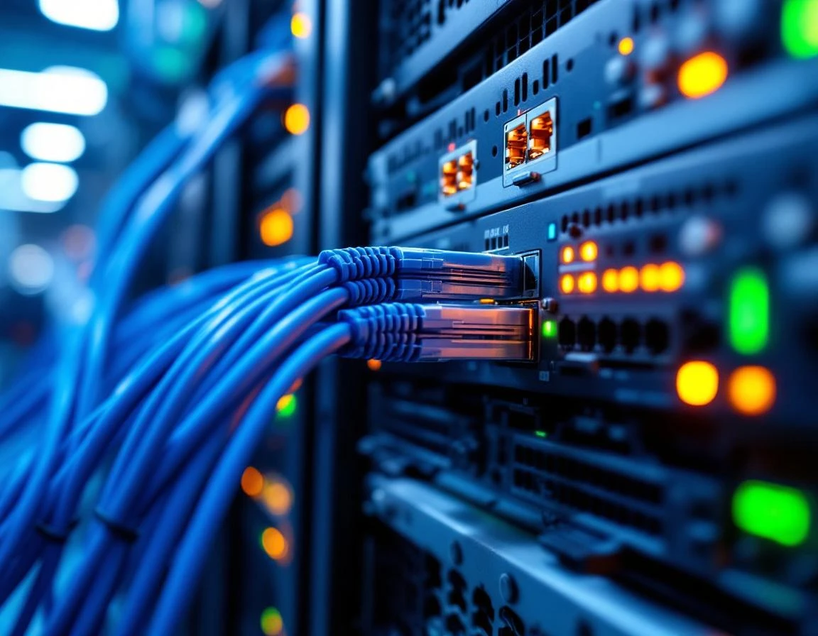 Server room networking cables and LED indicators showing secure infrastructure configuration