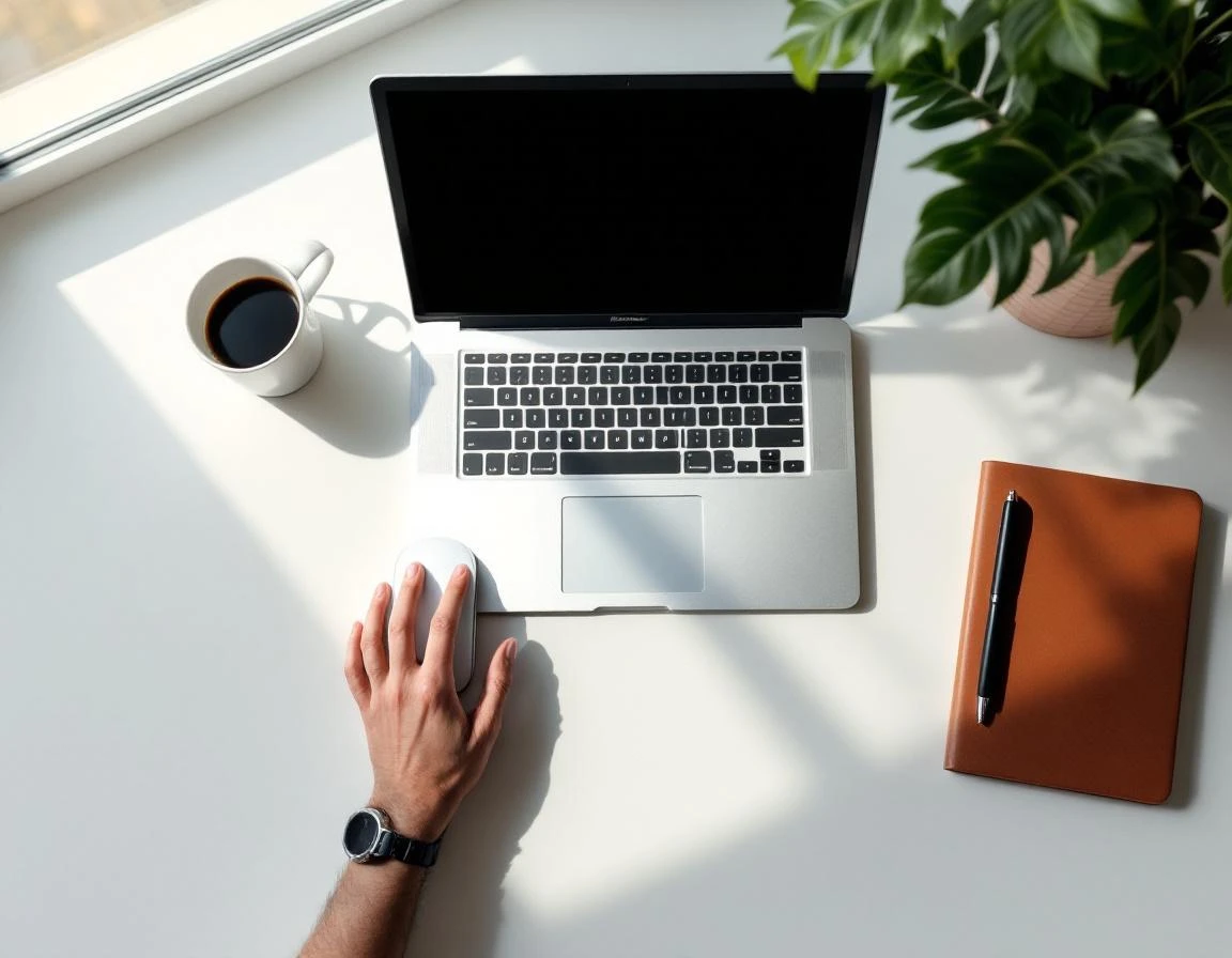 Overhead view of minimalist desk workspace with closed laptop and hand on mouse