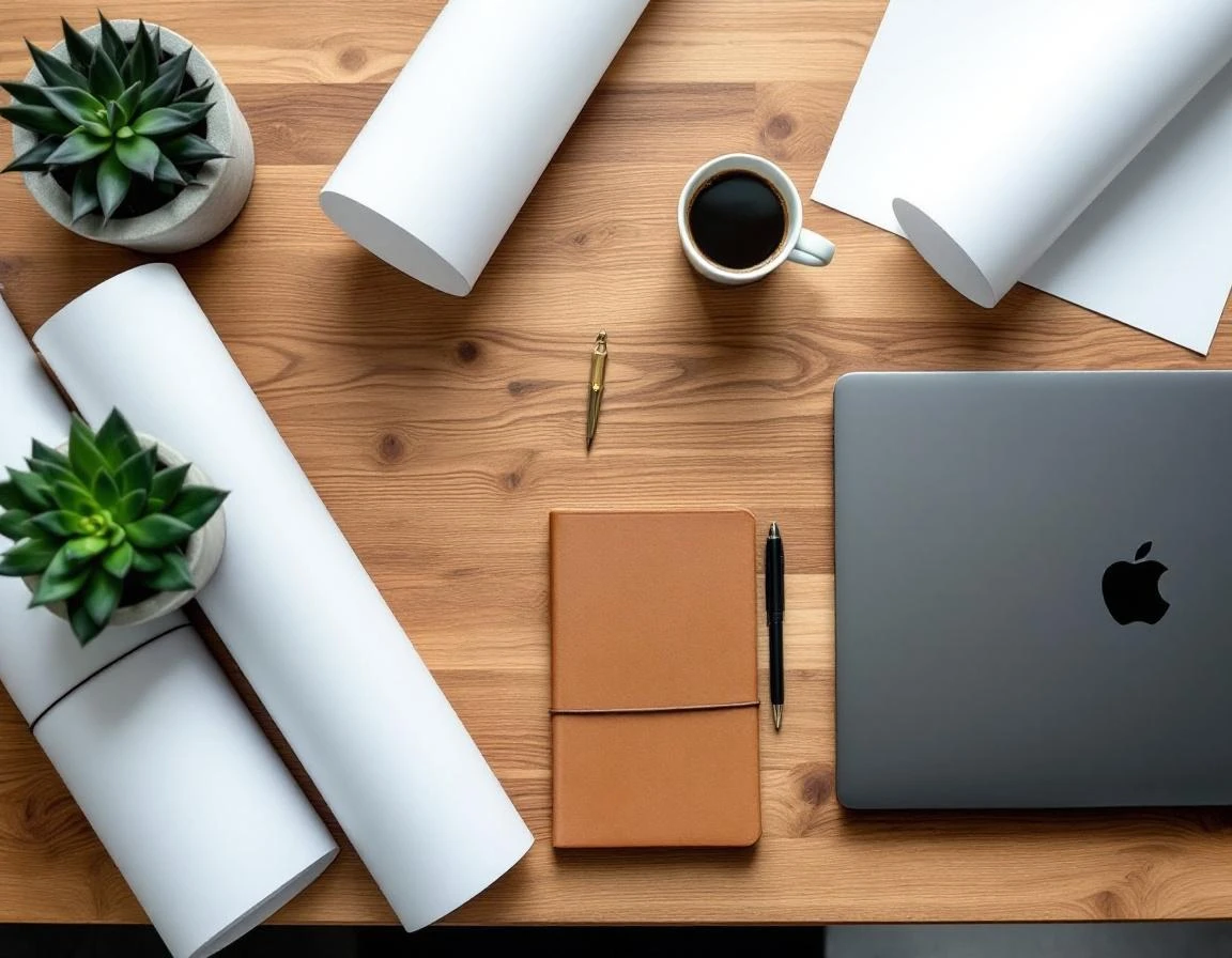 Designer workspace flatlay with blueprints, laptop, and notebook representing proprietary expertise and content creation