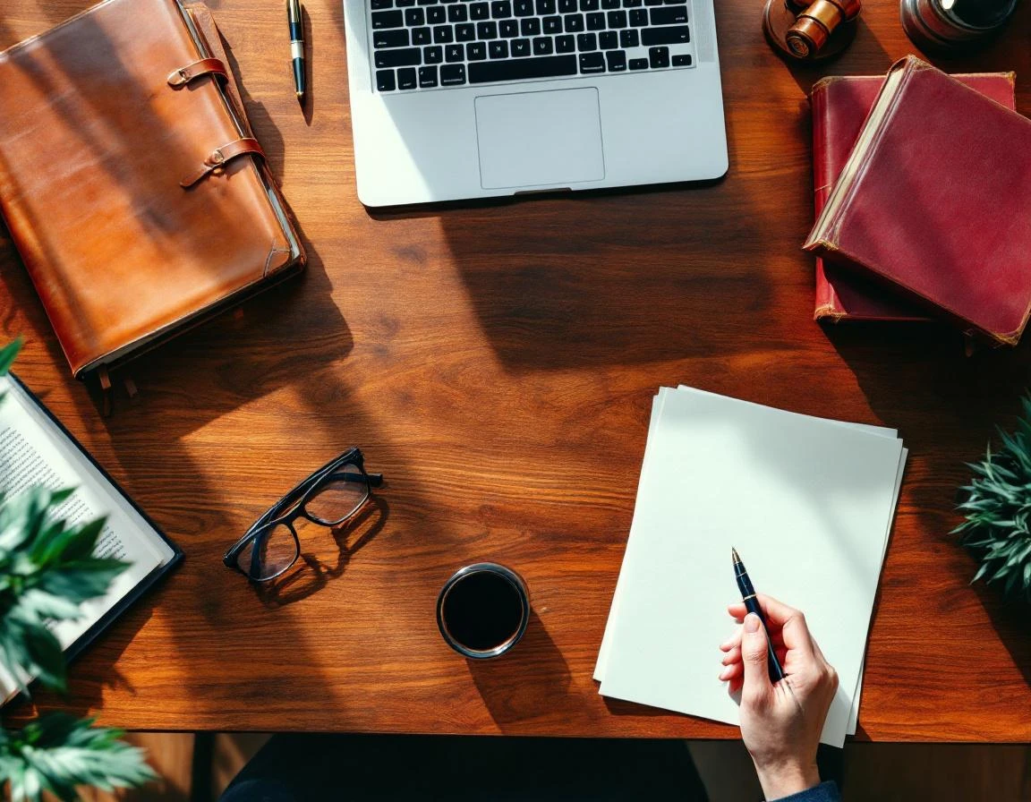 Professional desk with leather journals and legal reference materials arranged on walnut surface