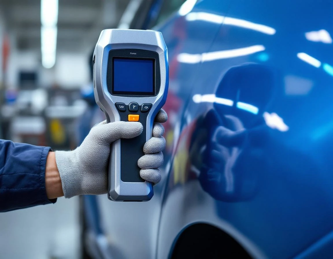 Technician using spectrophotometer on blue automotive paint surface during color matching analysis