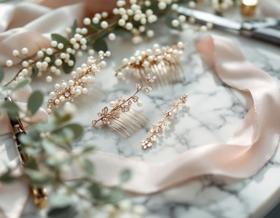 Bridal hair accessories and fresh florals arranged on salon styling station with natural window light