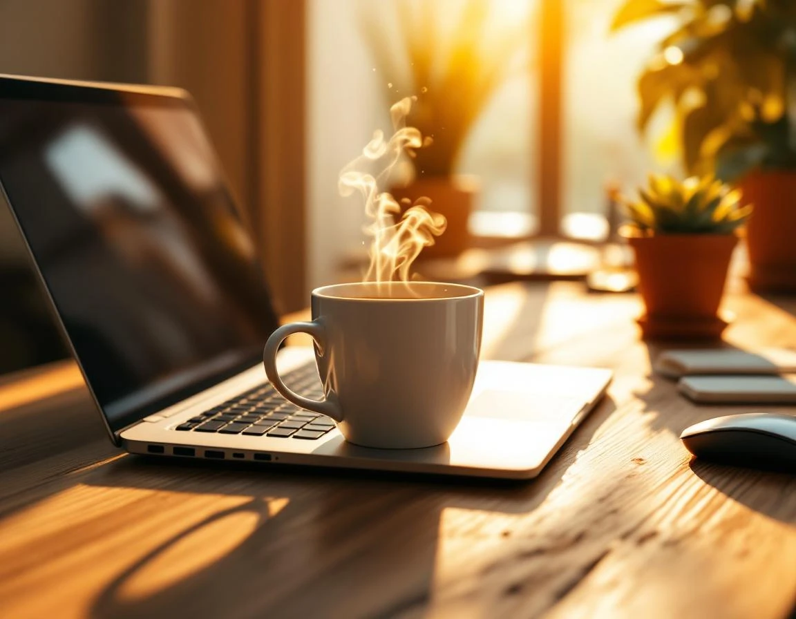 Minimalist desk workspace with closed laptop, coffee, and plant in golden afternoon light