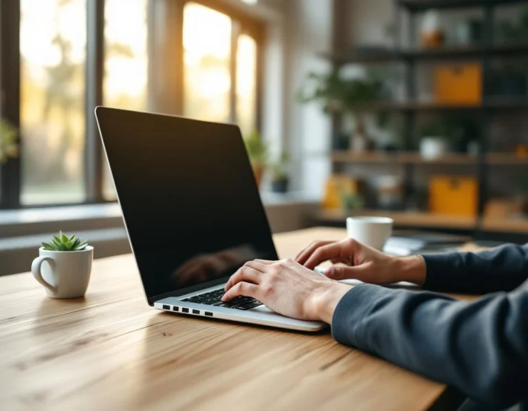 Professional working on laptop with screen angled away in naturally lit modern office workspace