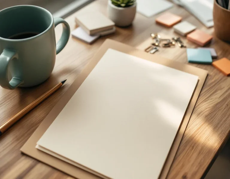 Organized desk workspace with notepad, coffee, and planning materials for content brief development