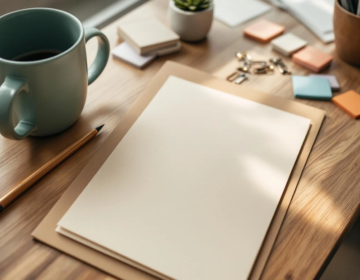 Organized desk workspace with notepad, coffee, and planning materials for content brief development