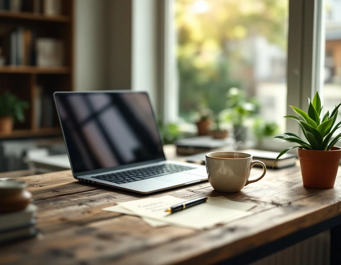 Workspace desk with closed laptop, handwritten notes, coffee mug, and plant during spring content audit