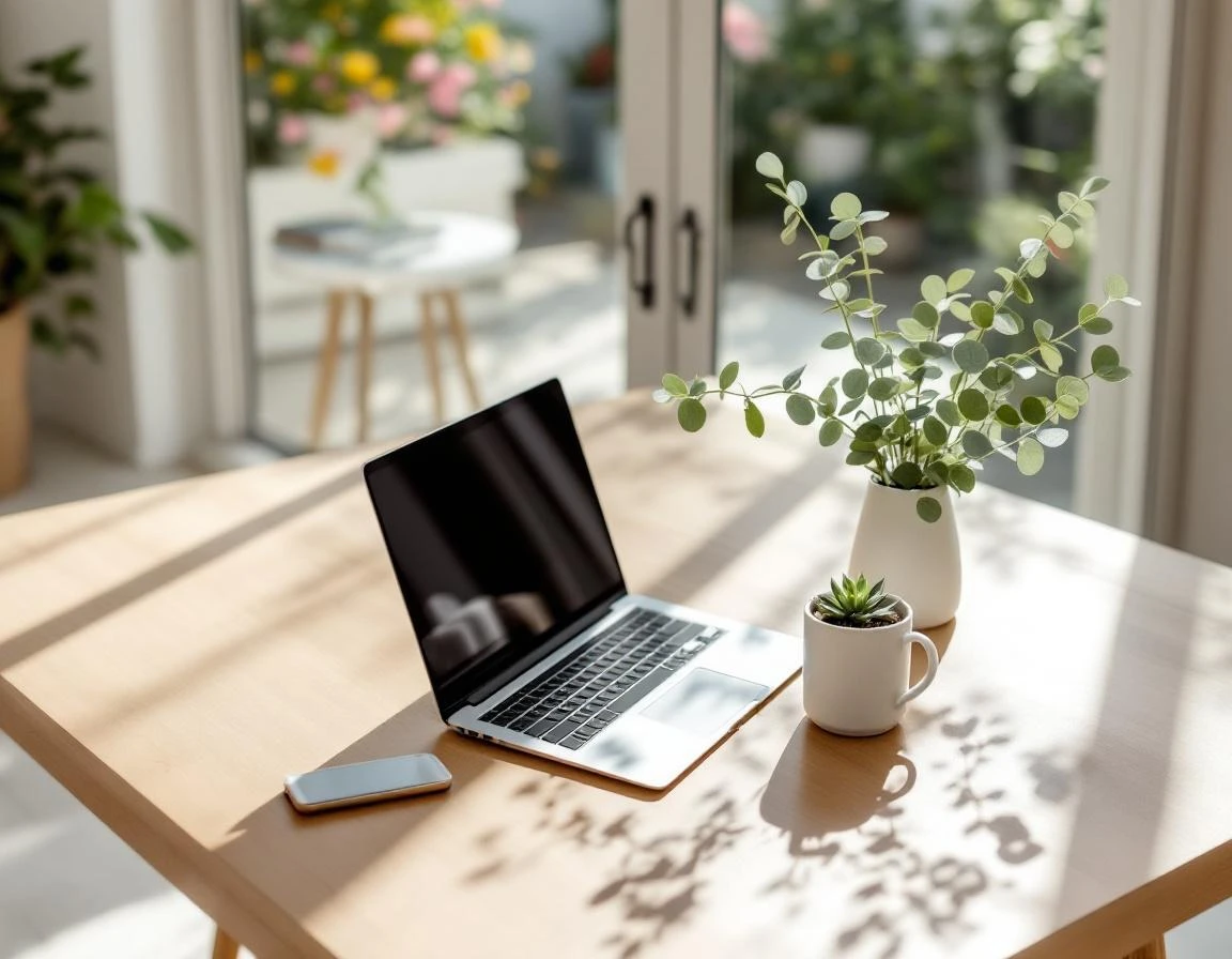 Clean minimalist workspace with laptop, coffee, and succulent on wooden desk in natural window light