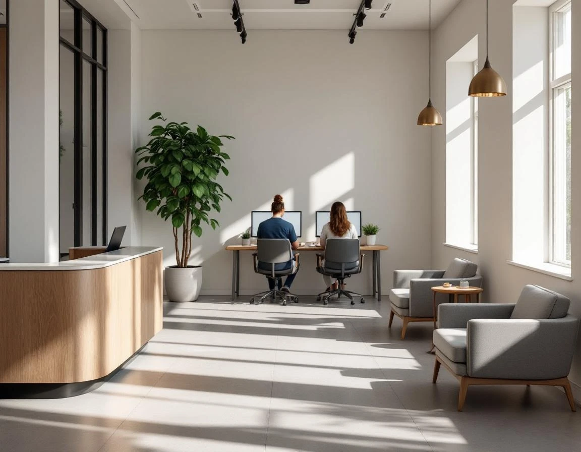 Modern dental office reception with natural lighting and professional furnishings showing compliant healthcare environment
