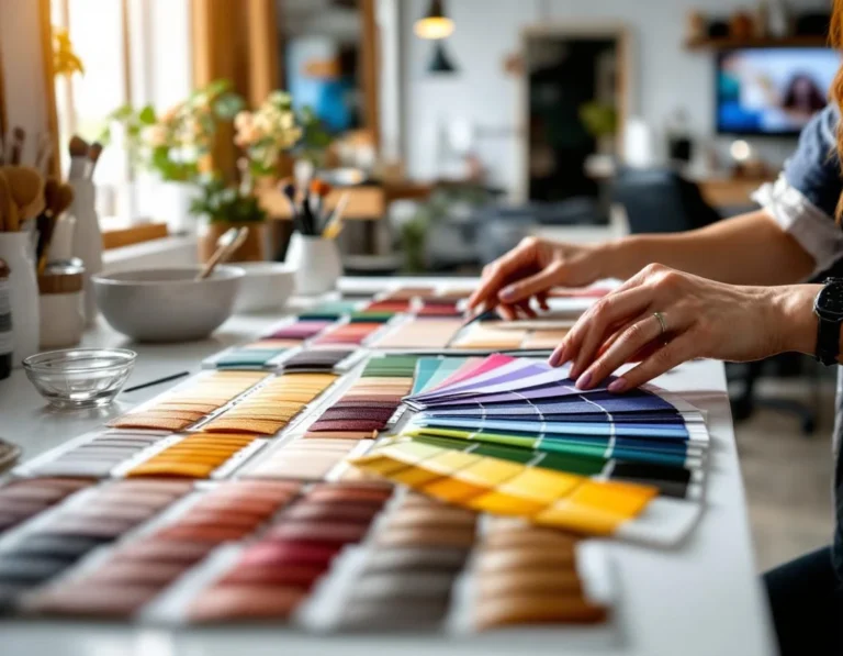 Salon colorist workspace with seasonal hair color swatches and trend forecasting materials on modern styling station