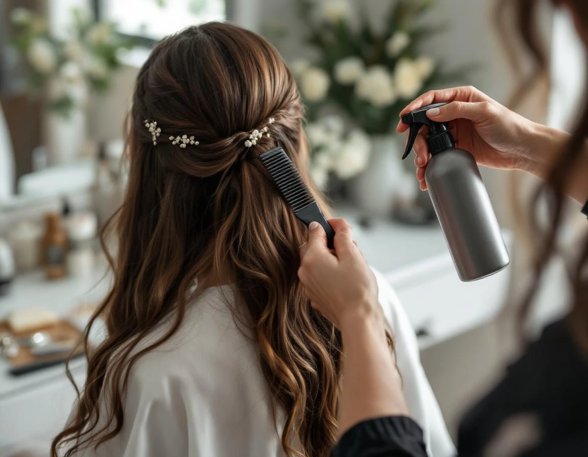 Professional hairstylist preparing bride's hair with texturizing spray and wide-tooth comb in natural light
