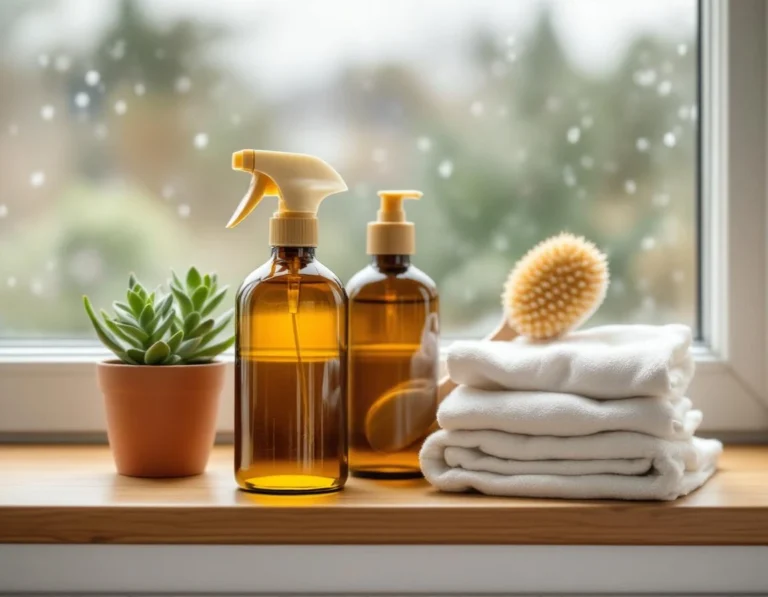 Eco-friendly cleaning supplies with blank bottles and natural brushes arranged on windowsill in soft natural light