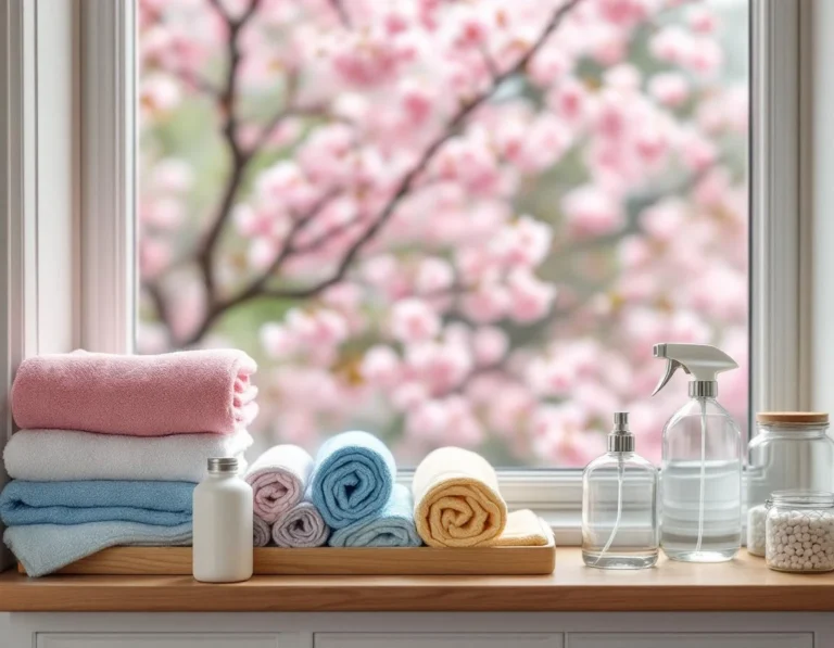 Organized spring cleaning supplies on windowsill with blooming tree visible outside