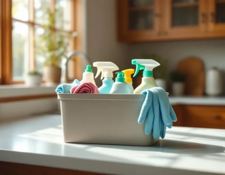 Professional cleaning supplies and safety equipment arranged on kitchen counter demonstrating service standards