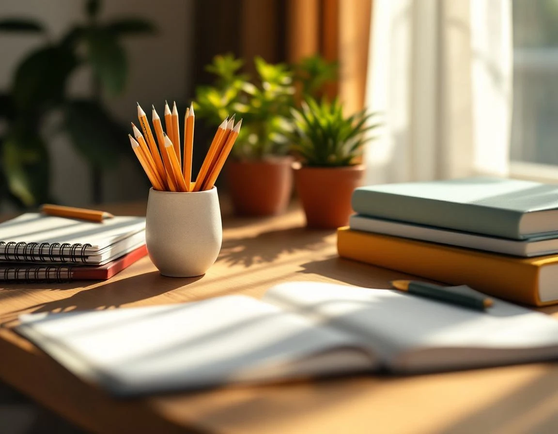 Organized study desk with notebooks, pencils, and plants bathed in natural afternoon light