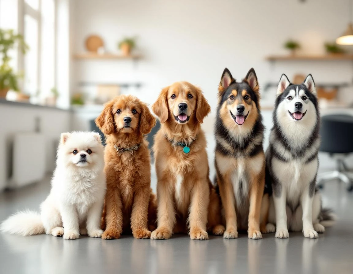 Five dog breeds with different coat types arranged in professional grooming salon showing grooming service diversity