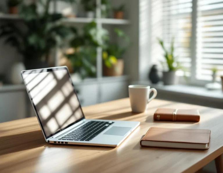 Modern home office desk with laptop and coffee mug in natural morning light