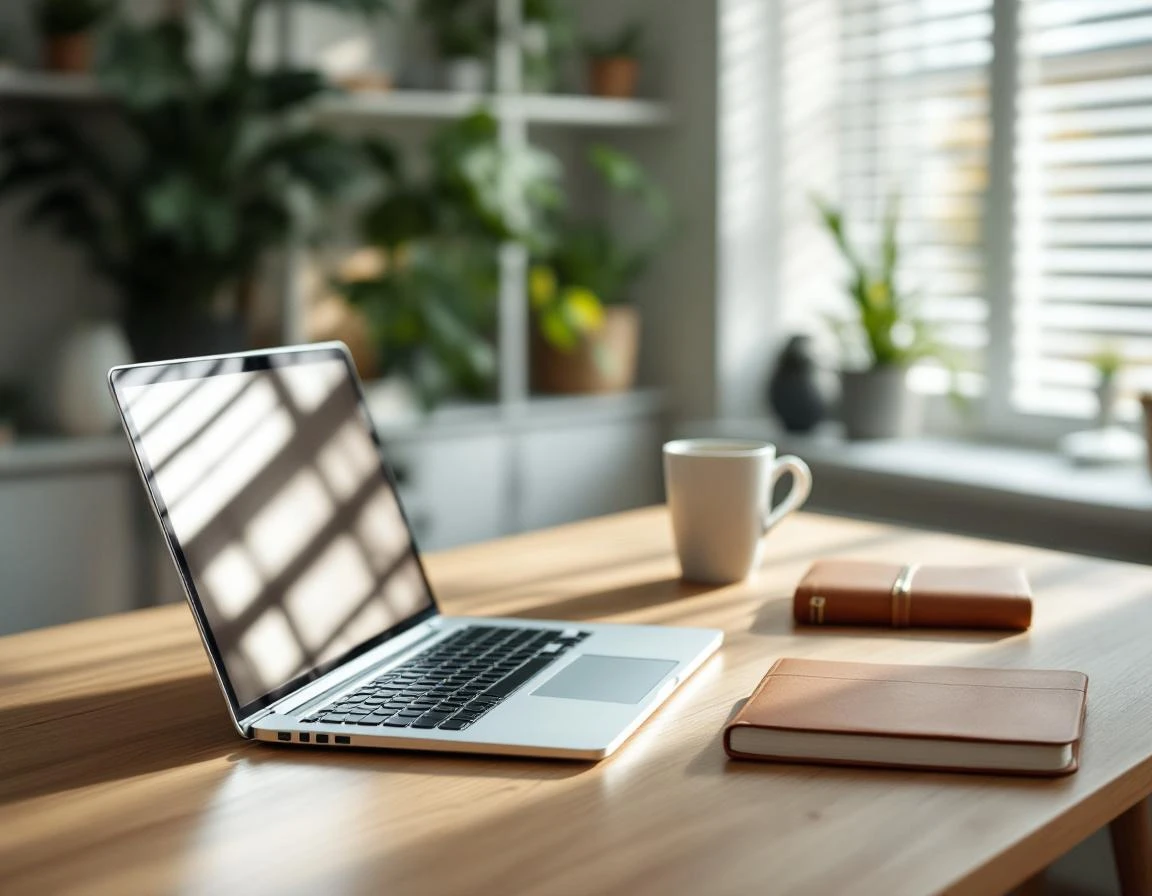 Modern home office desk with laptop and coffee mug in natural morning light