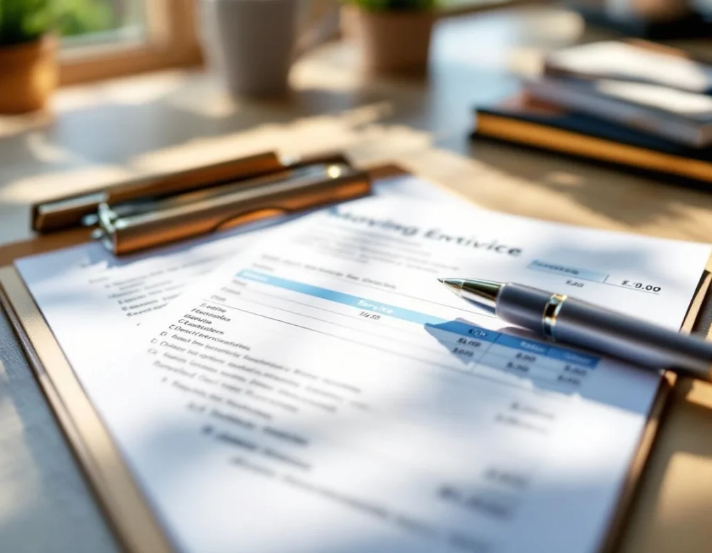 Blank moving estimate paperwork and clipboard on desk with natural lighting showing professional documentation process