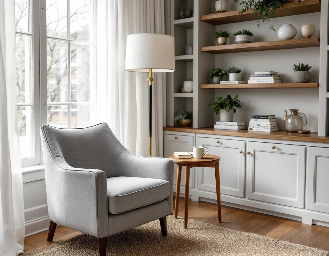 Boutique hotel reading nook with natural window light, linen armchair, and hardwood shelving with plants