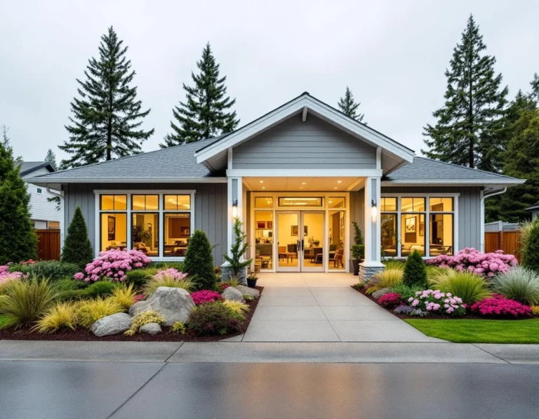 Modern pet boarding facility exterior with large windows and professional landscaping showing transparent design