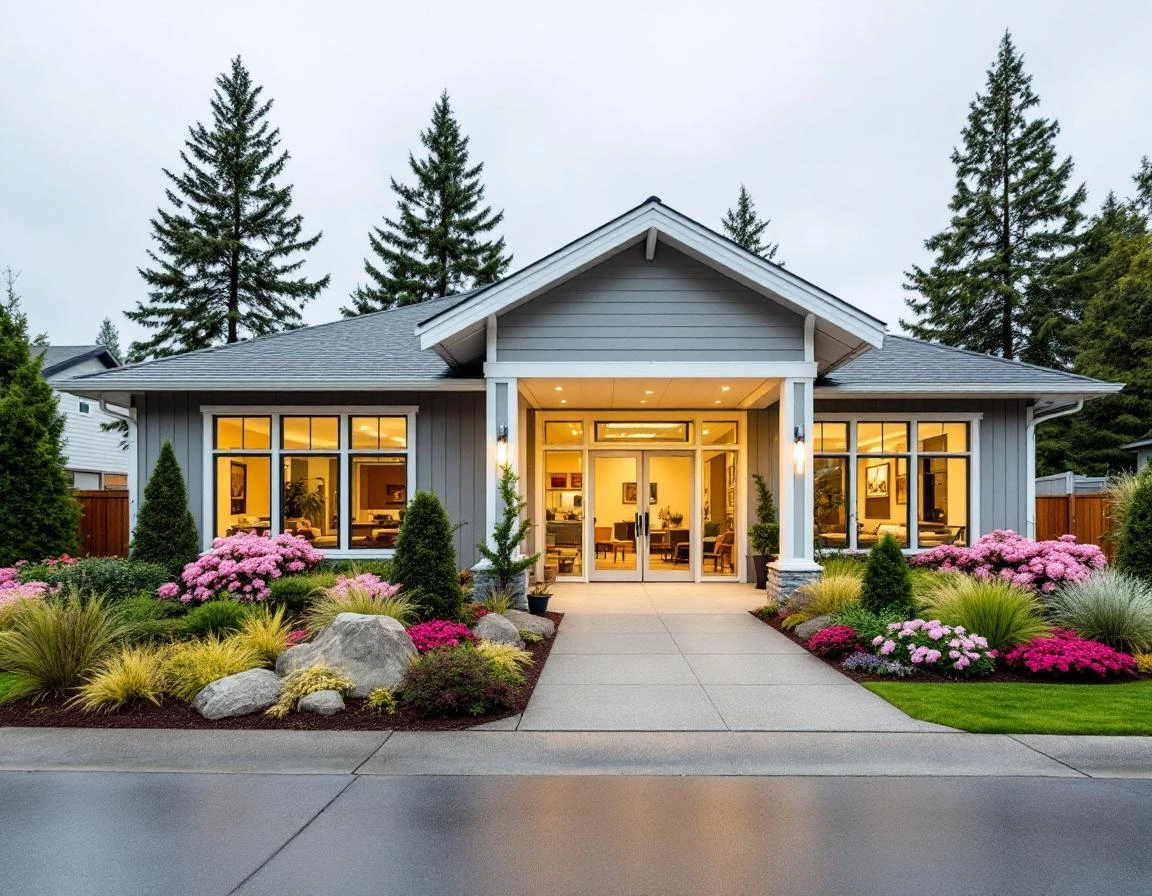 Modern pet boarding facility exterior with large windows and professional landscaping showing transparent design