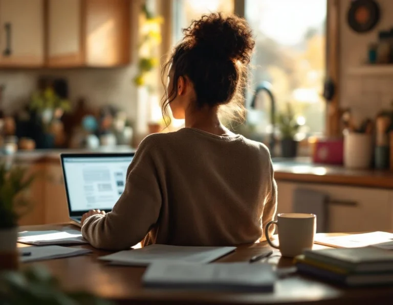 Parent researching tutoring options at home during early morning hours with laptop and papers