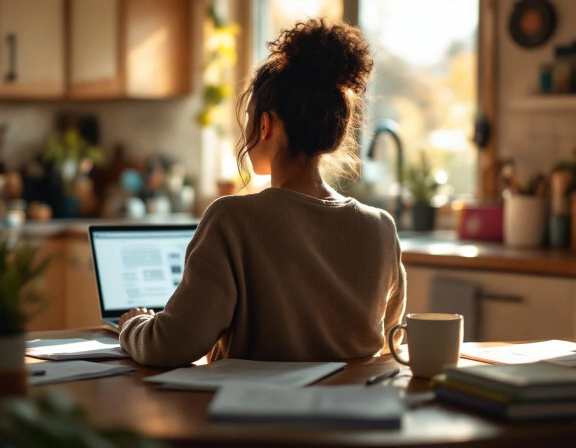 Parent researching tutoring options at home during early morning hours with laptop and papers