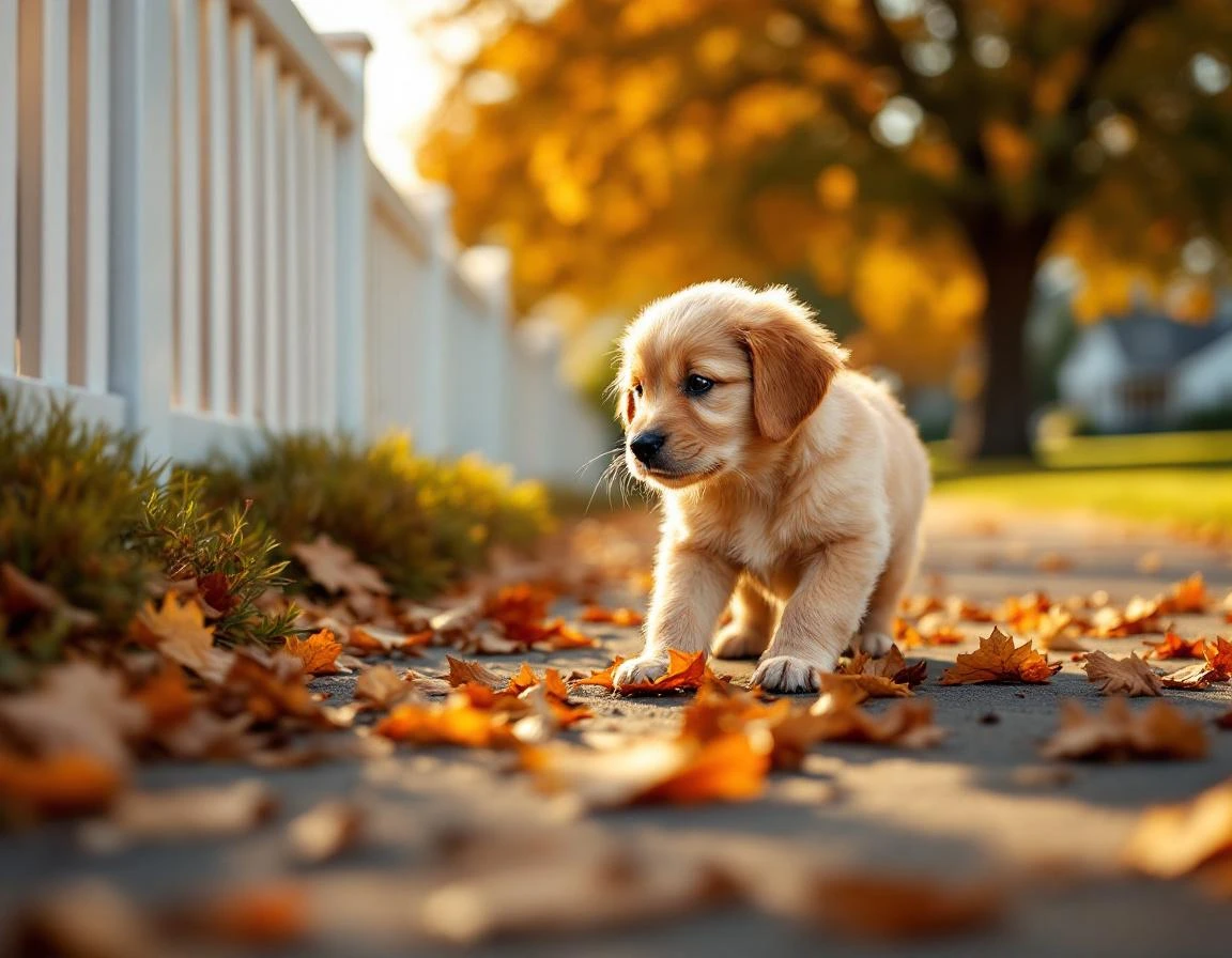 Golden retriever puppy exploring autumn leaves on residential sidewalk during supervised socialization exercise