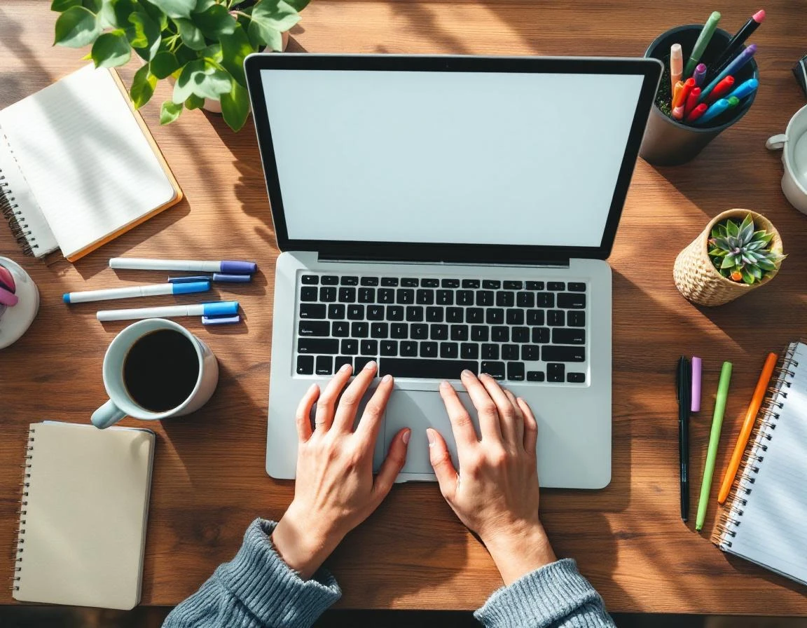 Overhead view of hands working at laptop surrounded by coffee, pens, and planning materials on wooden desk