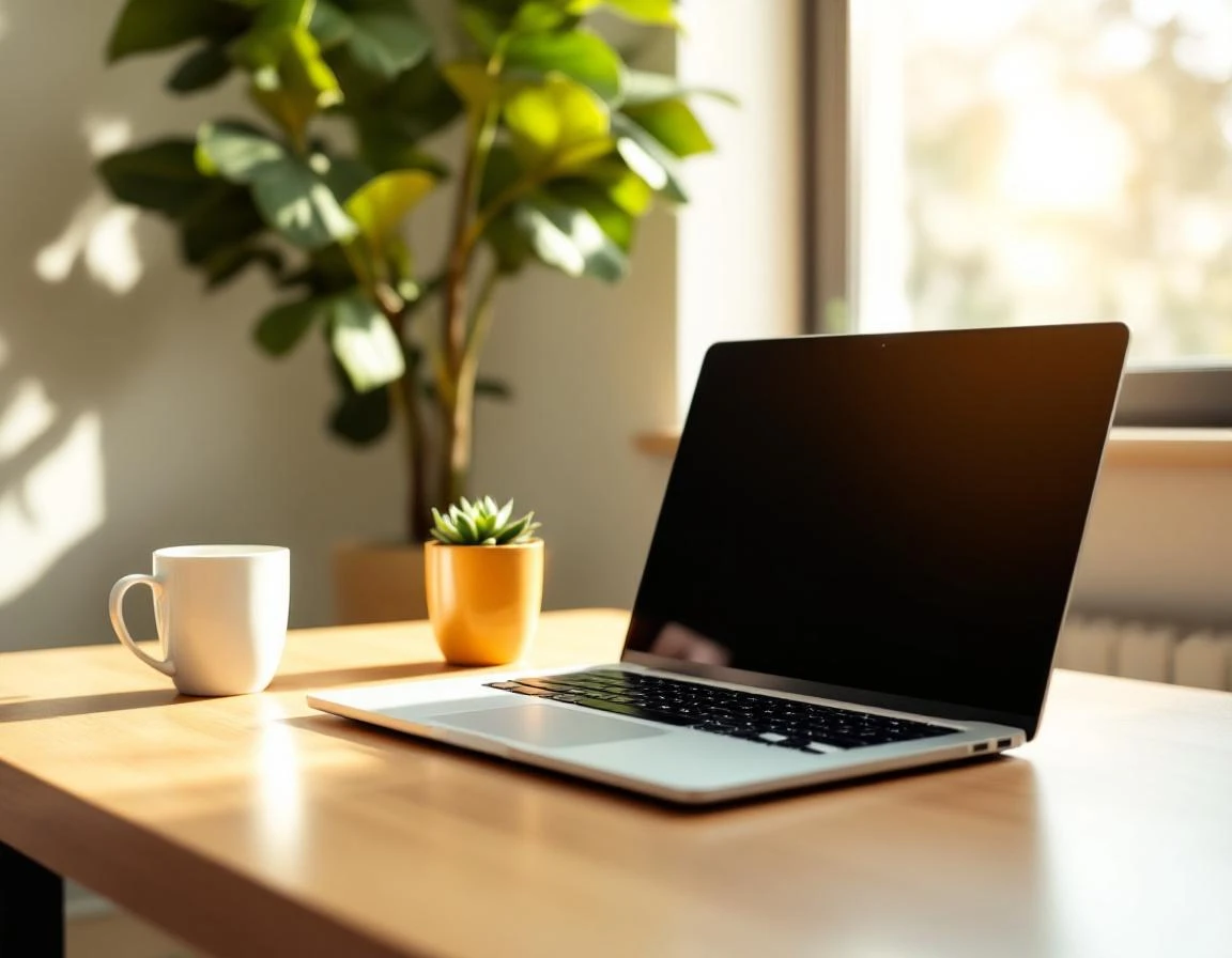 Clean modern workspace with closed laptop, coffee mug, and plants in natural window light